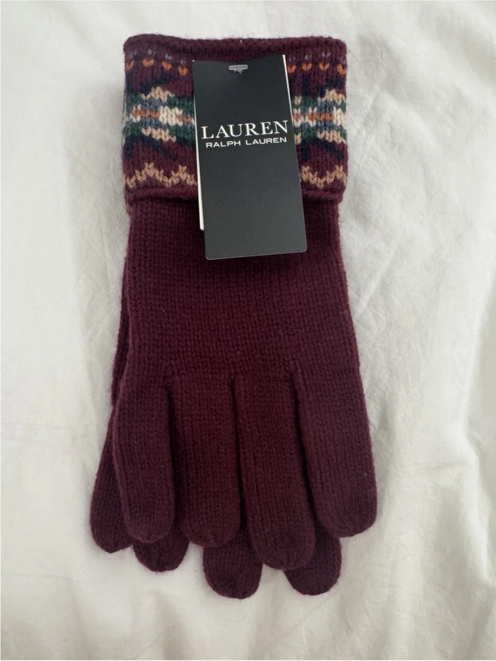 Lauren Ralph Lauren Burgundy Knit Women's Gloves with Patterned Cuff